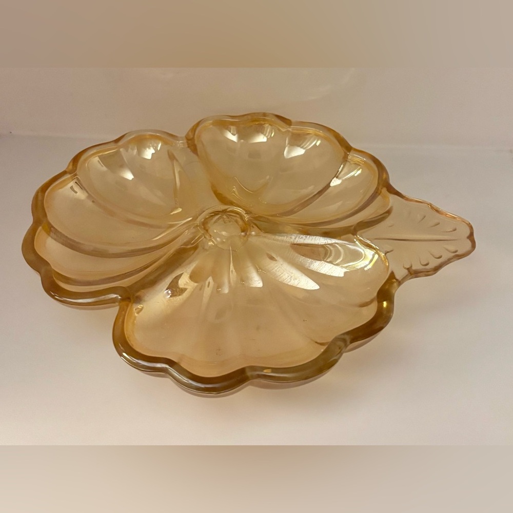 Vintage Jeannette Glass Marigold Iridescent 3 Leaf Clover Divided Dish
